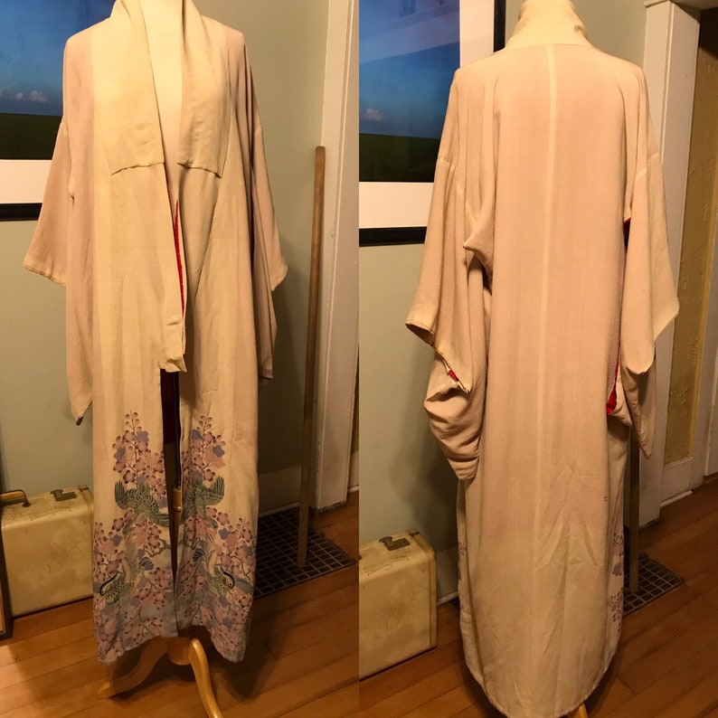 Mid-Century Japanese Kimono Robe done in gorgeous Greyish-Taupe Silk/Rayon Crepe, lined in Red Pongee Raw Silk Decorated with Cranes image 2