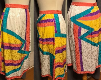 80s Silk Colorblock Skirt/ Umi Collections, by Anne Crimmins/ Rainbow Bright Color Burst on Ivory Silk/ 80s Punk Business Casual - Small