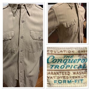 Puede incluir: Camisa abotonada de color beige con dos bolsillos en el pecho y cuello. La camisa tiene una etiqueta que dice "The Conqueror Tropical" y "Form-Fit". La camisa está hecha de tela ligera.