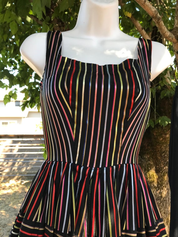Black 50s Party Dress with Rainbow Color Silk Rib… - image 2
