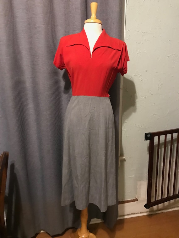 1940s Josa Miss COLOR BLOCK Red Rayon with Cotton… - image 2