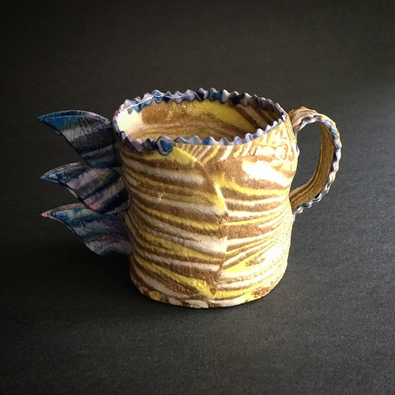 Winged Cup Multicolored Blue Purple Yellow Turquoise Chocolate Coffee Mug Handmade Anyique Lace Texture Angel Wings