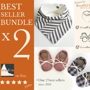 Può includere: Un pacchetto di due modelli di cucito best-seller per bavaglini e scarpine per bambini. I modelli includono istruzioni per realizzare bavaglini a righe e scarpine a quadri. L'immagine include anche un logo per "studio. on Etsy" e una valutazione a cinque stelle con oltre 500 recensioni.
