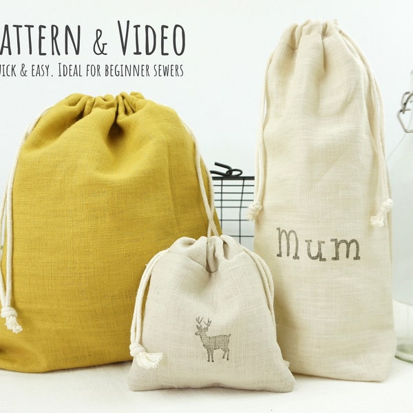 Drawstring Bag Sewing Pattern Download & HD VIDEO GUIDE | 6 sizes | bottle bag pattern pdf, gift bags, eco-friendly bags, re-usable pouch