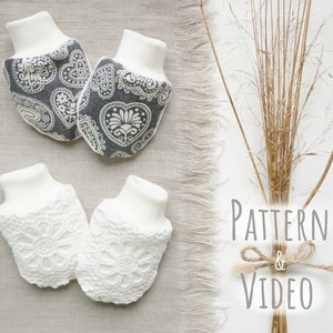 Ladda ner sömnadsmönster för babyvantar och HD-VIDEO | 0-3 + 3-6 månader | mönster för babyvantar i pdf-format, mönster för vantar för nyfödda, mönster för vantar som sitter kvar