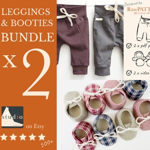 May include: A bundle of baby leggings and booties. The image shows two pairs of leggings, one burgundy and one gray, with drawstring waists. Below are several pairs of plaid booties in various colors. The text reads "LEGGINGS & BOOTIES BUNDLE x 2".