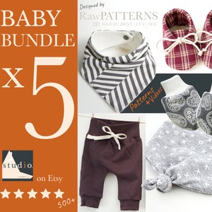 Baby Sewing Patterns Bundle | PDF Downloads with VIDEOS | Baby Bundle Sewing Patterns | 5 patterns, bib, booties, leggings, hat, mittens