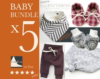 May include: A collage of five baby sewing patterns, including a pair of booties, a pair of mittens, a pair of pants, a bib, and a hat. The patterns are designed by RawPatterns and include video tutorials. The text "BABY BUNDLE x 5" is displayed in large, bold letters.