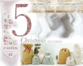 Christmas Sewing Patterns x5 | PDF Downloads + VIDEOS | festive patterns, stocking, macrame advent calendar, drawstring gift bags, bunting