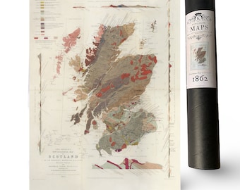 Scotland Map, Geological Scotland map print, from 1862, A2 size in tube, Scotland wall art, map gift, Scotland poster, map art, geology gift