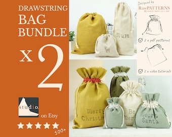 Drawstring Bag Pattern bundle Download & VIDEO | 2 designs, 6 sizes each | gift bag pattern pdf, easy sewing patterns with videos|santa sack