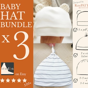 May include: A bundle of three baby hat sewing patterns, including a white hat with bear ears, a striped hat with a knot, and a plain hat. The patterns include 3 PDF patterns and 3 video tutorials. The patterns are for 0-3 months and 3-6 months old babies. The image also includes the text "Designed by RawPATTERNS" and "3 x pdf patterns", "3 x video tutorials", "0-3 months + 3-6 months".