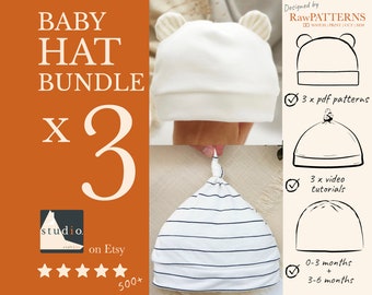 Baby Hat Sewing Pattern Download Bundle with VIDEOS | 3 patterns 0-6 months | Ear baby hat pattern,Top Knot baby hat pattern, Beanie pattern