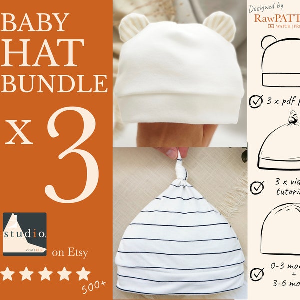 Baby Hat Sewing Pattern Download Bundle with VIDEOS | 3 patterns 0-6 months | Ear baby hat pattern,Top Knot baby hat pattern, Beanie pattern