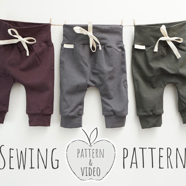 Baby Leggings Sewing Pattern Download & HD VIDEO | 0-12mths | 4 sizes | baby harem pants pattern pdf, newborn baby yoga pants sewing pattern