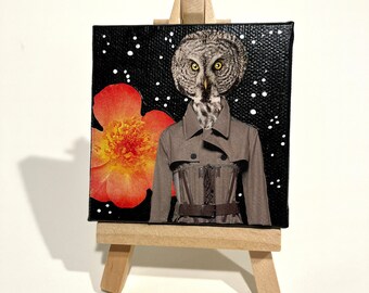 Tiny Owl Collage with Wooden Easel