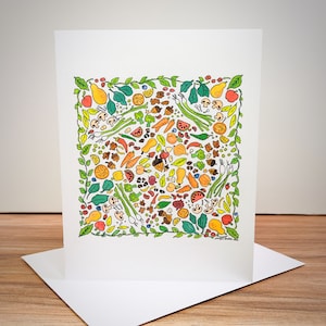 Cartes de correspondance/cartes de voeux à imprimé fruits et légumes - Conception originale à l'aquarelle et à l'encre