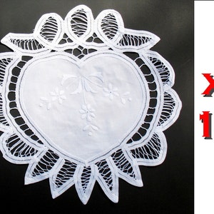 Vintage Wedding Handmade 11&quot; inch  Battenburg Lace  Heart sharped Doilies  Wedding Banners  Lace doilys  1 dozen  100% Cotton  Battenberg