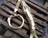 Vintage NOS 70 39 s Gold Tone Articulated Aluminum Mermaid Keychain Keyring with Brass Mesh Chain