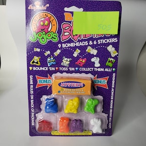 Nouveau, New Vintage RETRO 1999 90s Imperial Spielzeug, Jojos Bouncin Boneheads Figuren auf Karte ref#505