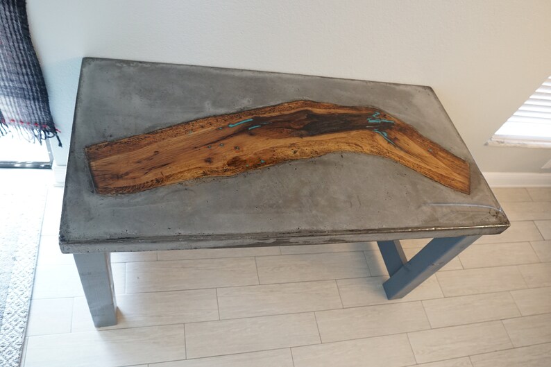 Handmade Modern Concrete Wood Inlay Table Etsy