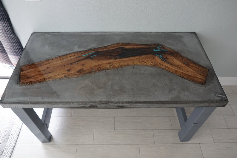 Handmade Modern Concrete Wood Inlay Table Etsy