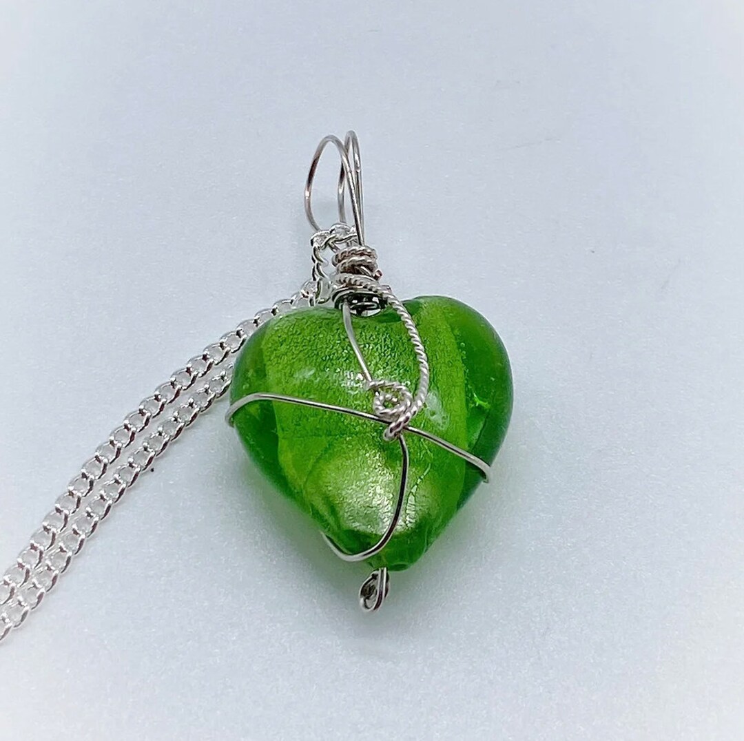 Green Heart Glass Pendant Argentium Wire Wrapped Etsy
