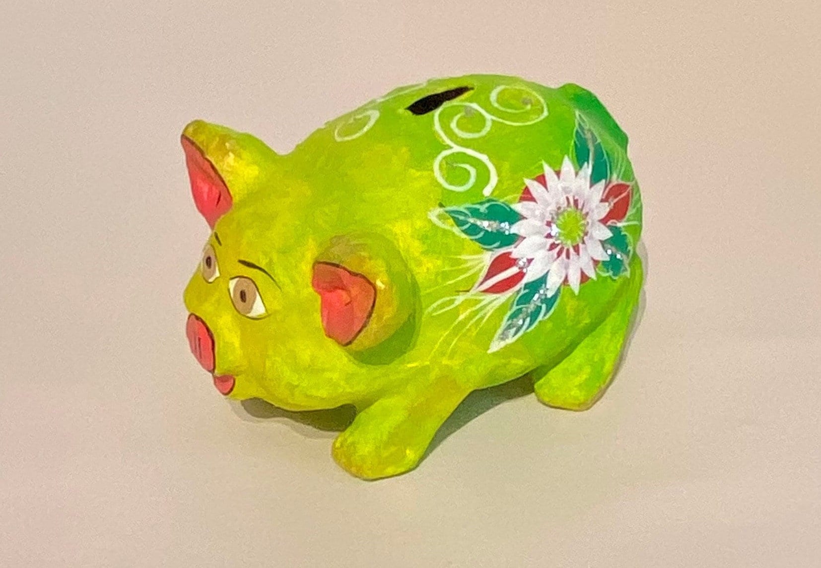 レトロ 陶器製 花柄 フラワー 豚 ブタ 貯金箱 バンク 置物 オブジェ