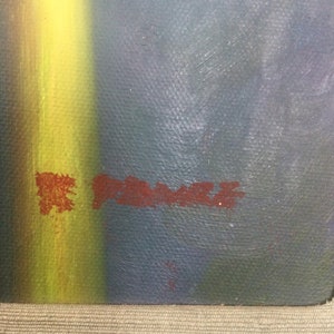May include: A close-up of a painting with a vertical yellow stripe and a horizontal red stripe. The painting is on a canvas with a textured surface.