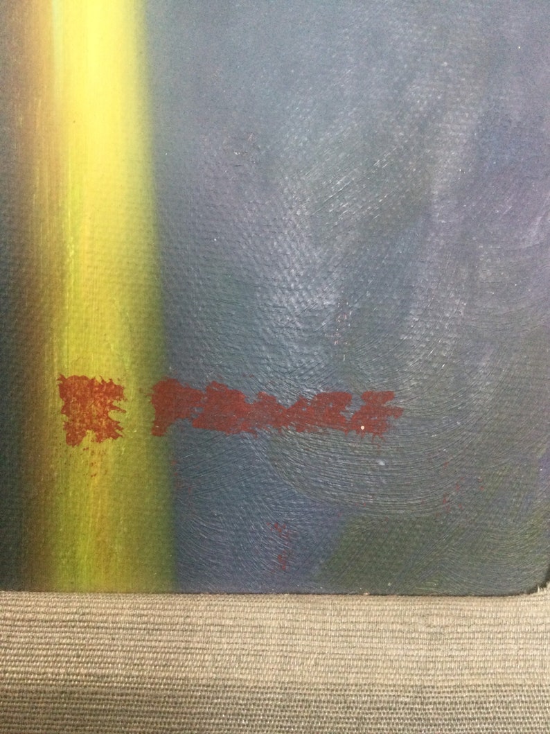 May include: A close-up of a painting with a vertical yellow stripe and a horizontal red stripe. The painting is on a canvas with a textured surface.