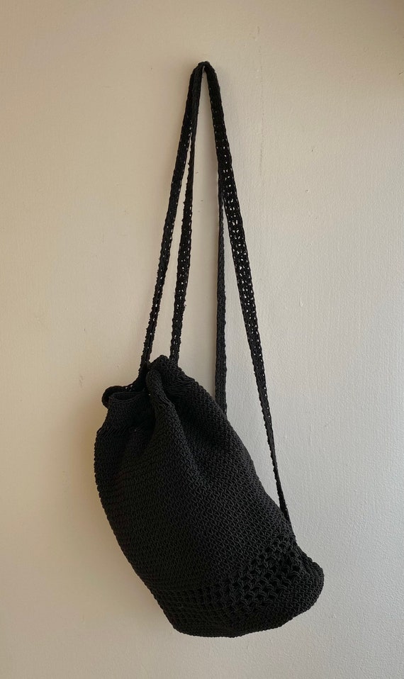 Black Crocheted Drawstring Backpack Bag - image 8