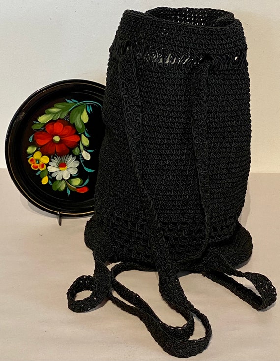 Black Crocheted Drawstring Backpack Bag - image 5