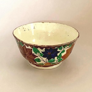 Peut inclure: Un bol en céramique avec un intérieur crème et un extérieur décoratif. L'extérieur présente des motifs floraux bruns, des fleurs bleues et des feuilles vertes. Le bol a un large bord et un pied.
