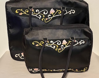 Conjunto de bolsa de viaje de fin de semana de seda negra bordada vietnamita