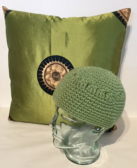 Hand Crocheted Vintage Sage Green Beanie View 3