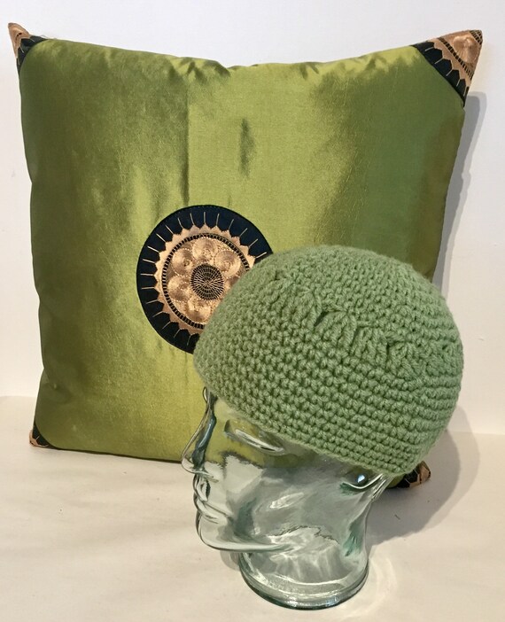 Hand Crocheted Vintage Sage Green Beanie - image 2