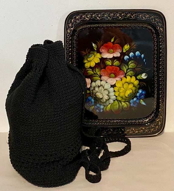 Black Crocheted Drawstring Backpack Bag - image 6