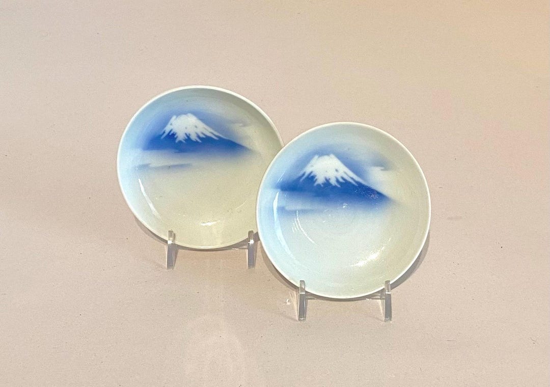 Japanese Fukagawa Mount Fuji Ceramic Soy Sauce Dish/plate Set/2