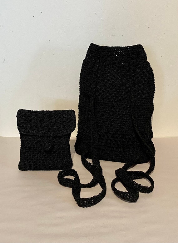 Black Crocheted Drawstring Backpack Bag - image 2