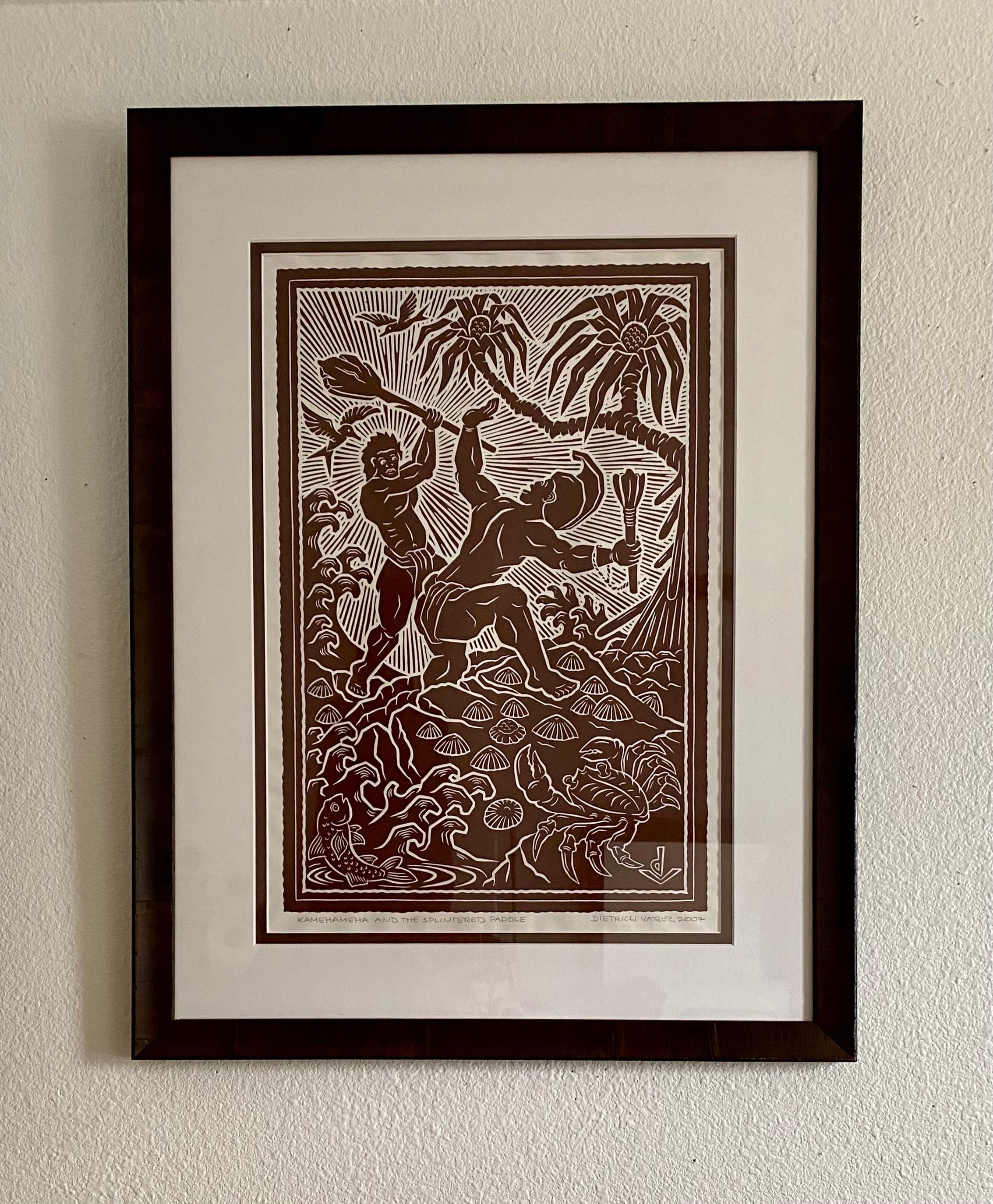 Dietrich Varez 額入り 木版画 直筆サインあり USA Hawaiian Block Print Kamehameha and the Splintered Paddle by