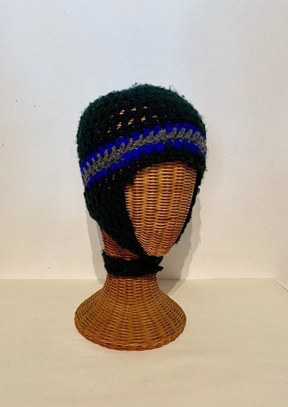Hand Crocheted Black Blue and Gray Hat