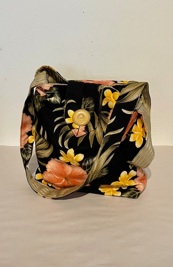 Black Floral Drapery Fabric Bucket Bag