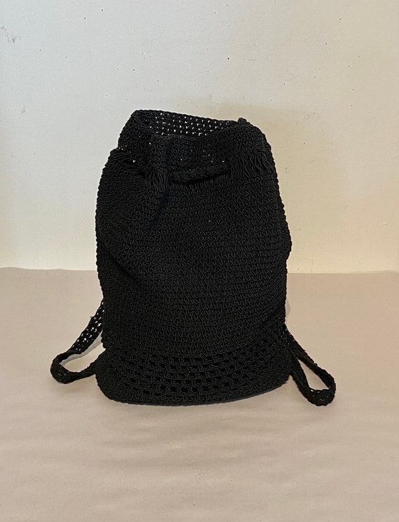 Black Crocheted Drawstring Backpack Bag - image 1