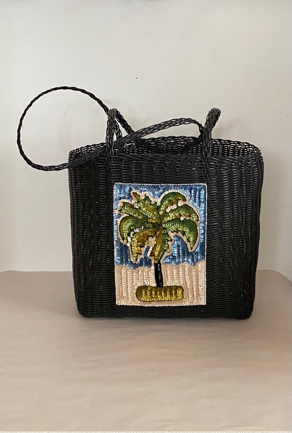Mexican Sequined Palm Tree Patch Woven Black Plastic Tote Bag Etsy Canada