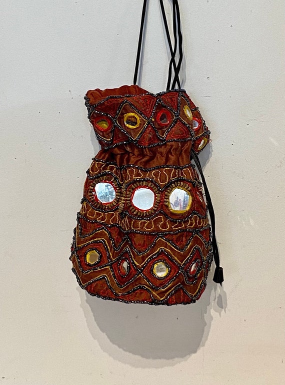 Indian Beaded and Mirrored Satin Drawstring Bag