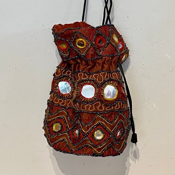 Indian Beaded and Mirrored Satin Drawstring Bag