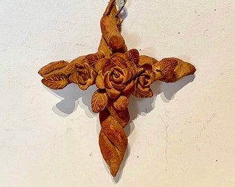 Mexican Terra Cotta Clay Cross with Flowers