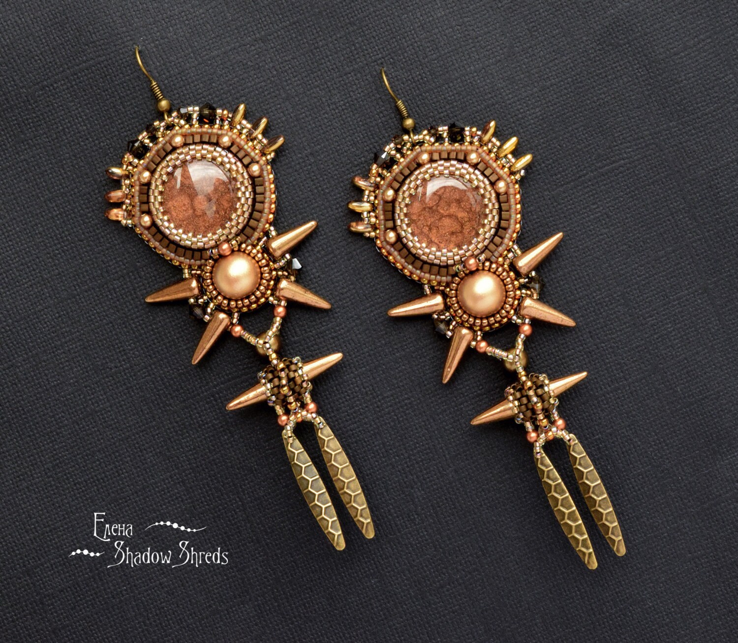 Earrings Bronze Long Earrings Beadwork Earrings Etsy