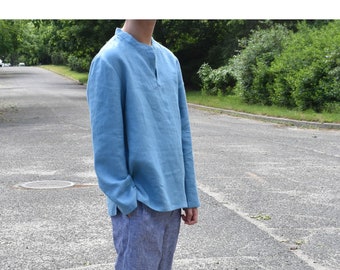 Men's Linen Shirt / Long Sleeve / Stand Collar / Side Seam Slit / Summer Shirt for Men