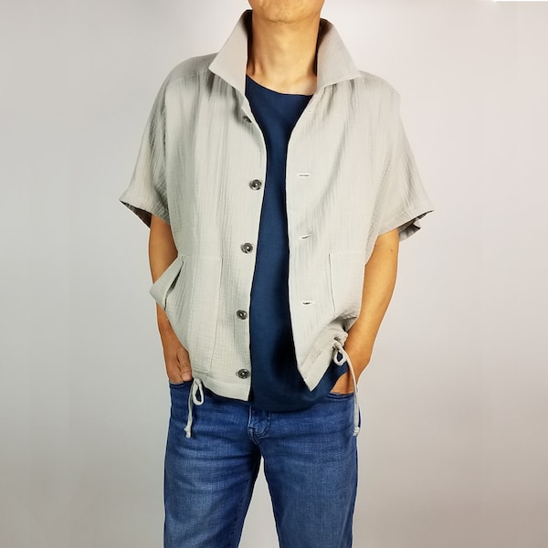 Men's Cotton Double Gauze Jacket / Cotton Gauze Bomber Jacket / Dolman Short or Long Sleeve Jacket / Relaxed Casual Jacket